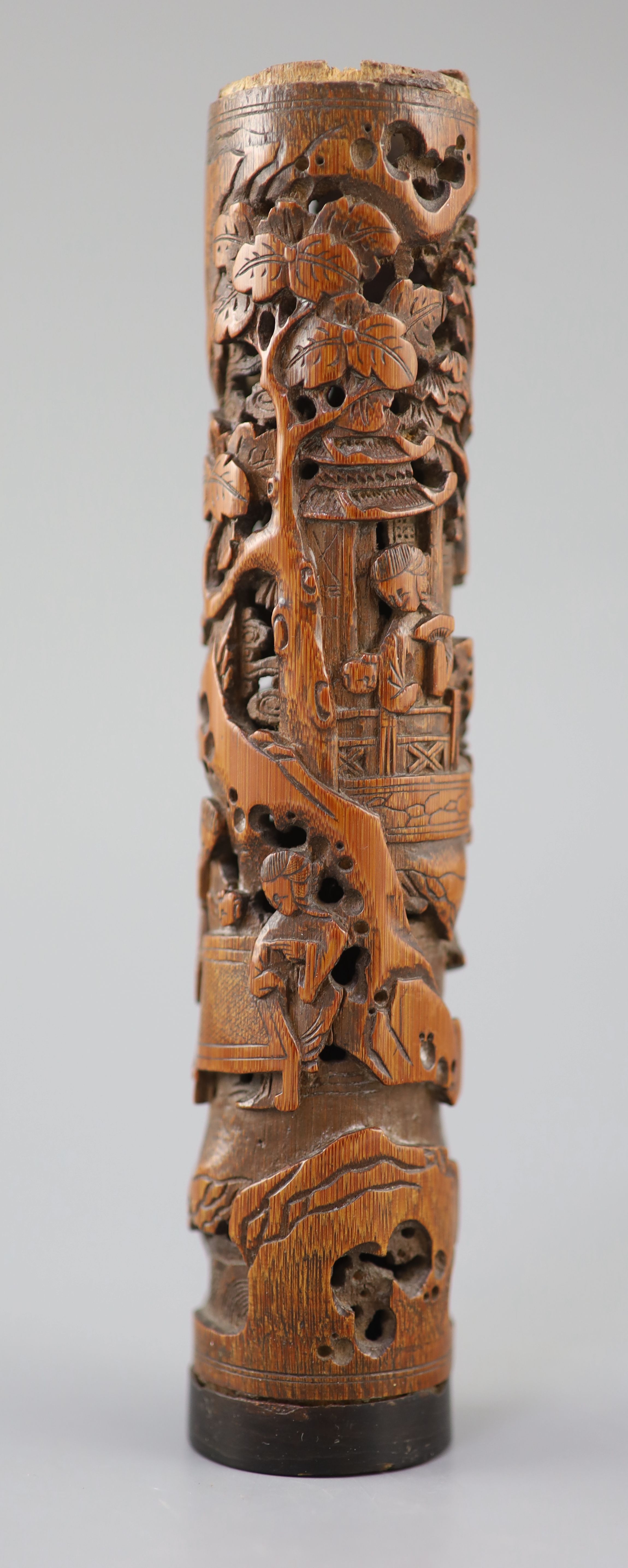 A Chinese bamboo landscape and figures perfume holder, 18th century,